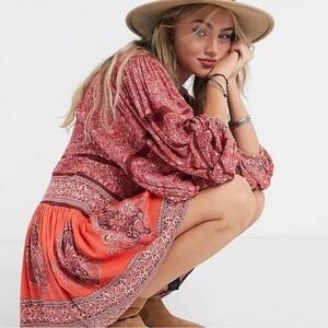 Free People Luna Scarf Print Tunic Dress Balloon Sleeve Paisley Boho Hippie S